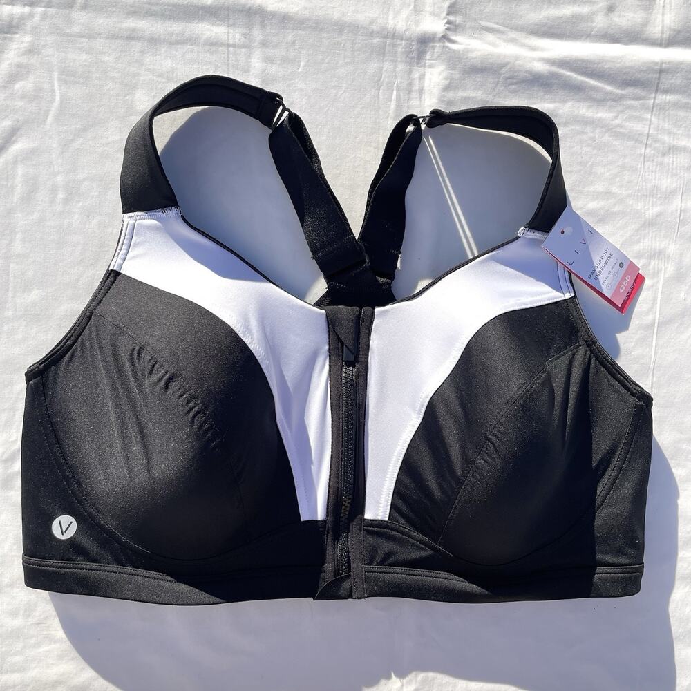 Livi High Impact Wicking Sports Bra 42DD Black White Zip Front Underwire
